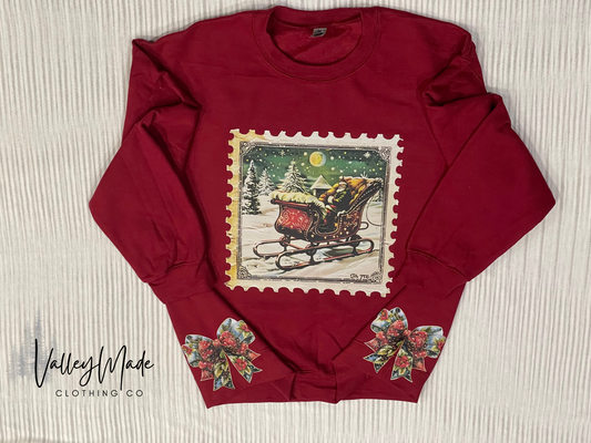 Santa And Sleigh Vintage Stamp-Crewneck