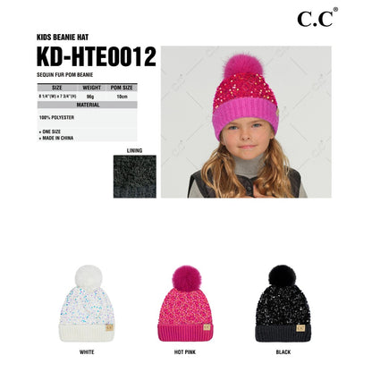 KIDS C.C. Brand Sequin Pom Beanie